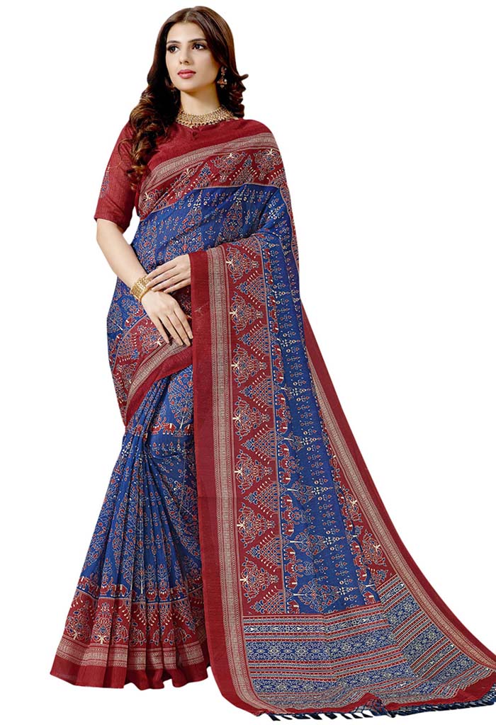 Royal Blue & Red Cotton Silk Printed Traditional Saree