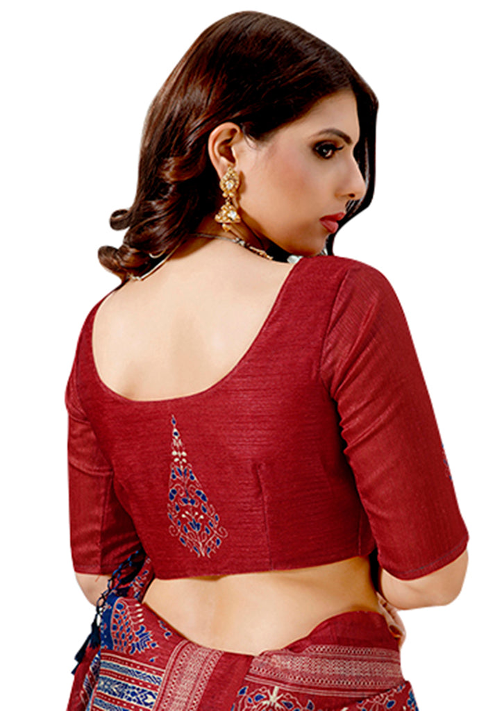 Royal Blue & Red Cotton Silk Printed Traditional Saree