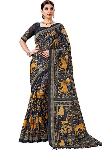 Bottle Green Cotton Silk Printed Traditional Saree
