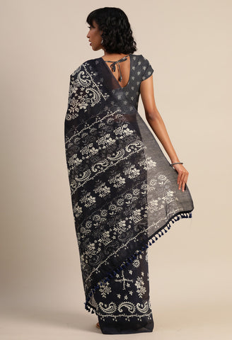 Navy Blue & White Maheshwari Silk Printed Traditional Saree