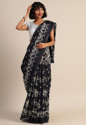 Navy Blue & White Maheshwari Silk Printed Traditional Saree