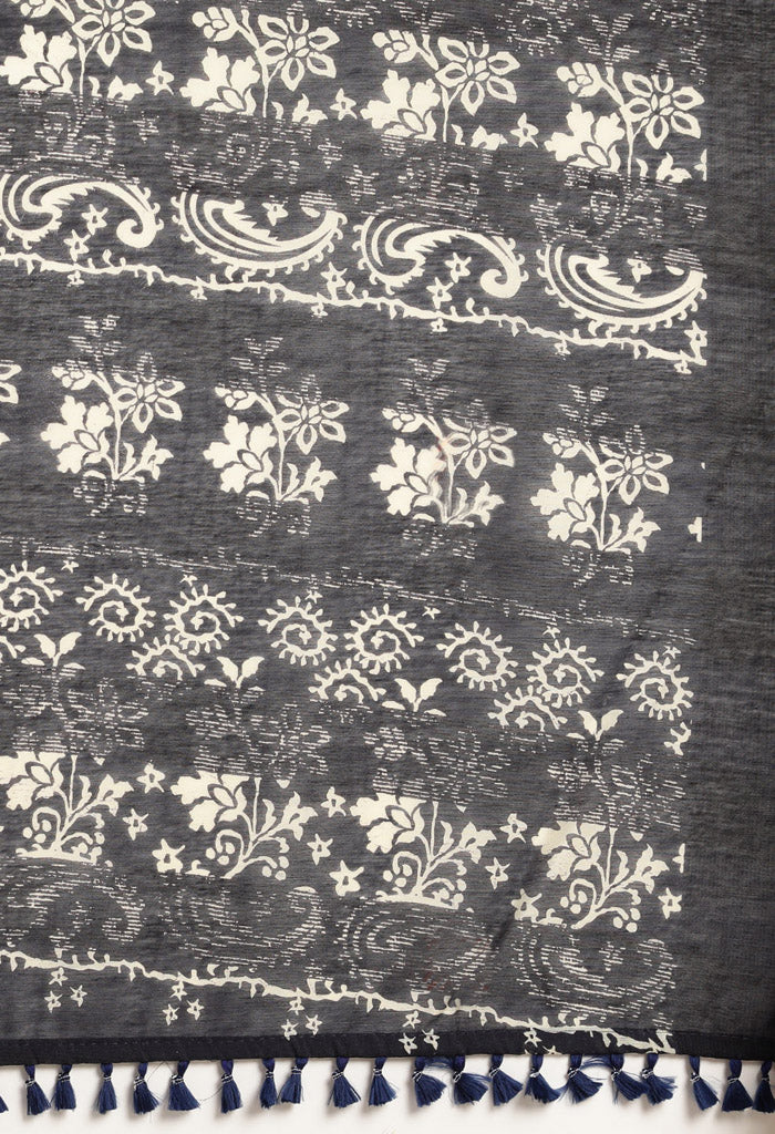 Navy Blue & White Maheshwari Silk Printed Traditional Saree