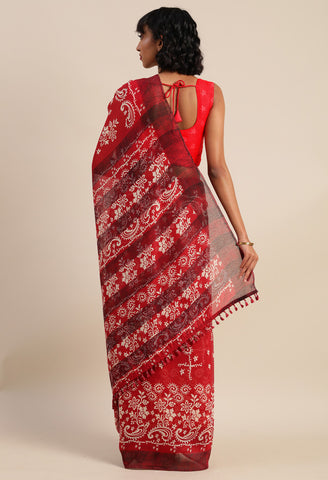 Red Maheshwari Silk Printed Traditional Saree