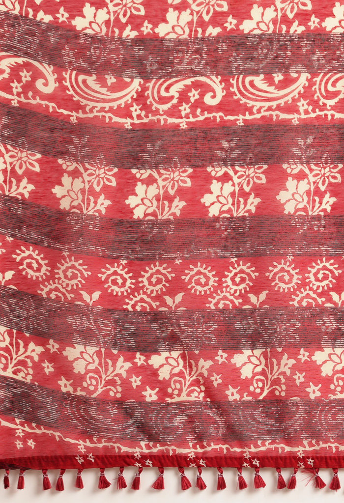 Red Maheshwari Silk Printed Traditional Saree