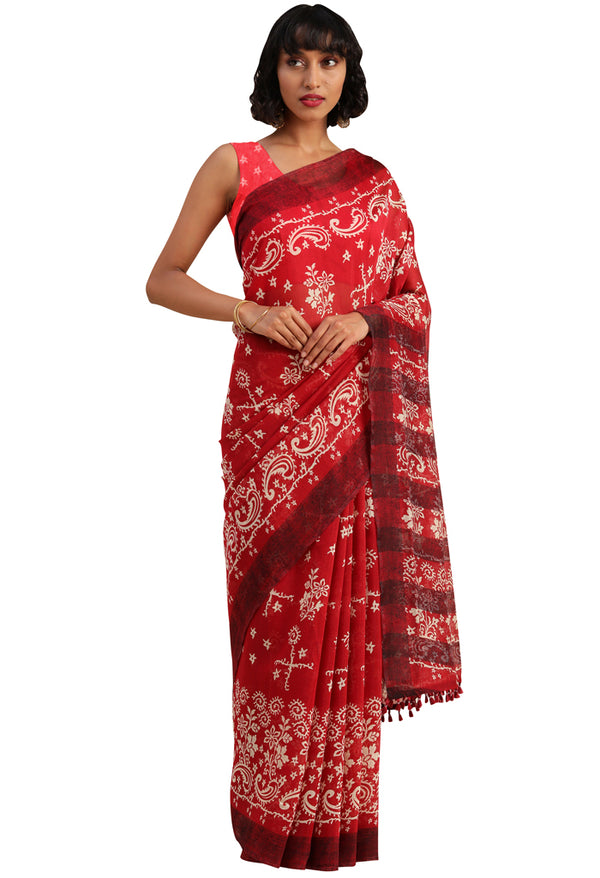 Red Maheshwari Silk Printed Traditional Saree