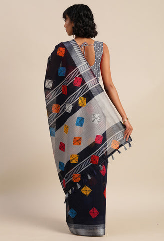 Navy Blue Linen Cotton Printed Traditional Saree