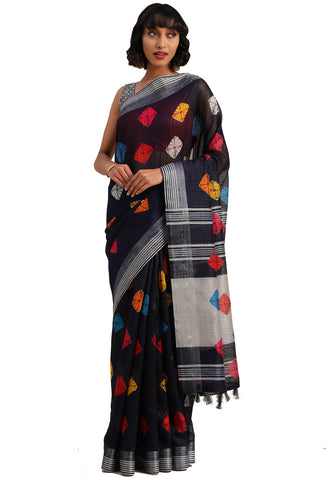 Navy Blue Linen Cotton Printed Traditional Saree