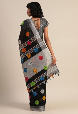 Black Linen Cotton Printed Traditional Saree