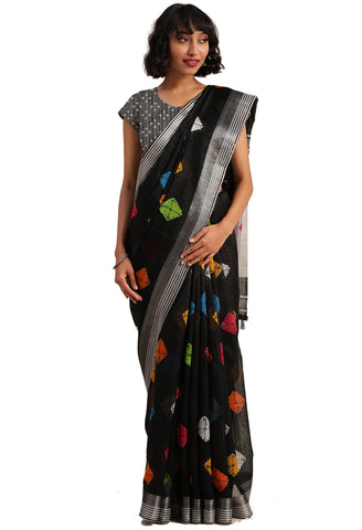 Black Linen Cotton Printed Traditional Saree