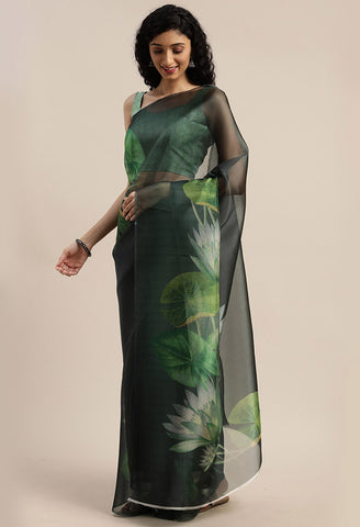 Bottle Green Organza  Printed Traditional Saree