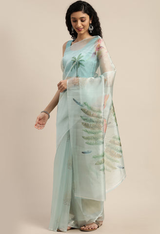 Light Aqua Green Organza  Printed Traditional  Saree