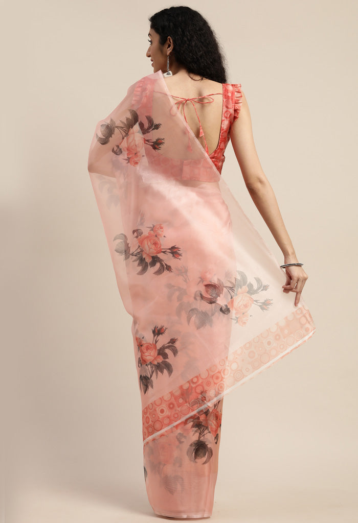 Peach Organza  Printed Traditional  Saree