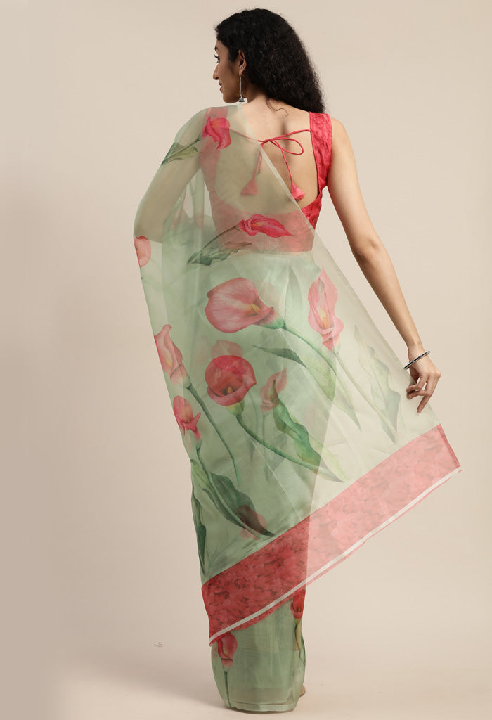 Light Olive Green Organza  Printed Traditional  Saree