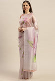 Off-White And Purple Organza Digital Floral Printed Traditional  Saree