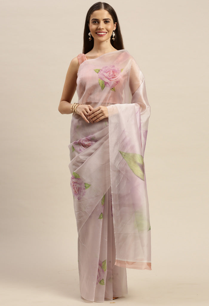 Off-White And Purple Organza Digital Floral Printed Traditional  Saree
