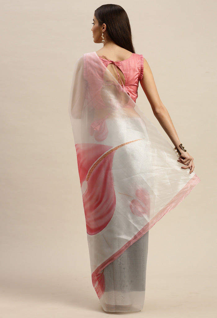Off-White And Pink Organza Digital Floral Printed Traditional  Saree