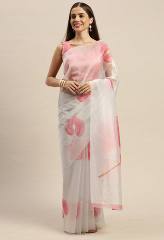 Off-White And Pink Organza Digital Floral Printed Traditional  Saree