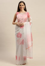 Load image into Gallery viewer, Off-White And Pink Organza Digital Floral Printed Traditional  Saree