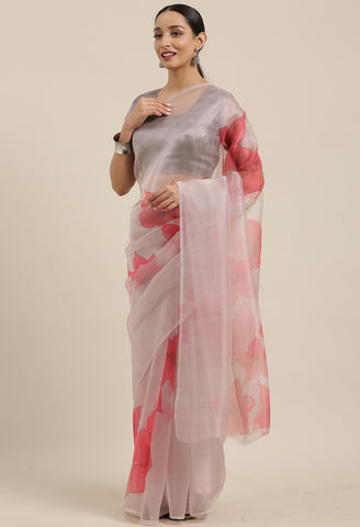 Grey And Pink Organza Digital Floral Printed Traditional  Saree