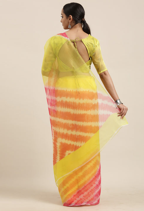 Yellow And Pink Organza Digital Floral Printed Traditional  Saree