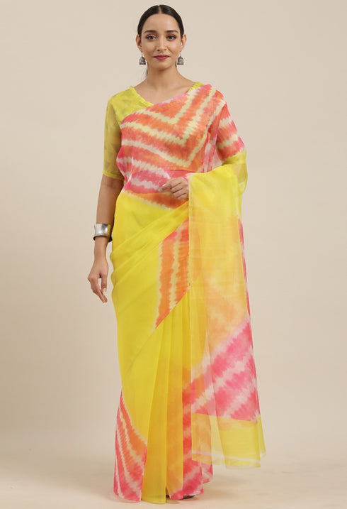Yellow And Pink Organza Digital Floral Printed Traditional  Saree