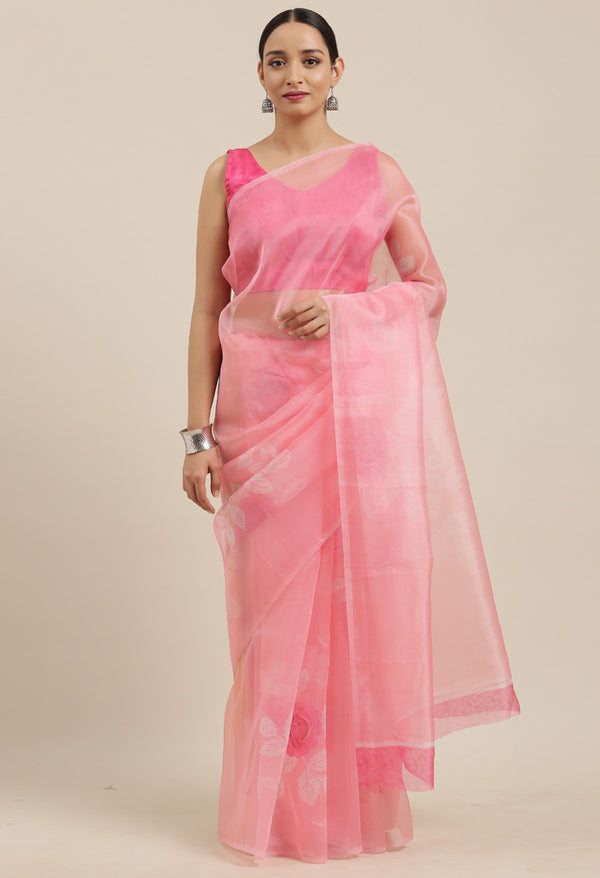 Light Pink Organza Digital Floral Printed Traditional  Saree