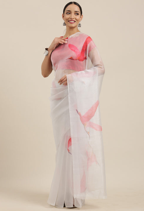 Light Grey And Pink Organza Digital Floral Printed Traditional  Saree