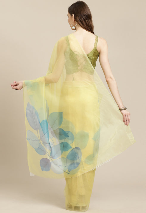 Yellow Organza Digital Floral Printed Traditional  Saree