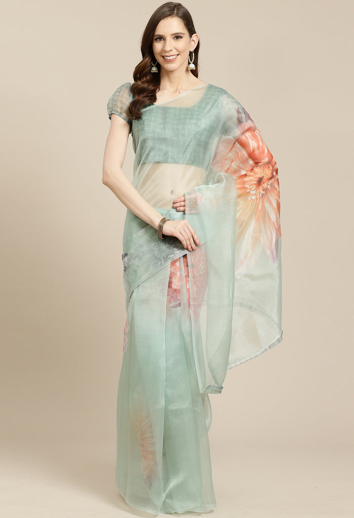 Banglori Silk Green And Pink Floral Printed Organza Saree With Blouse at Rs  1055 in Surat