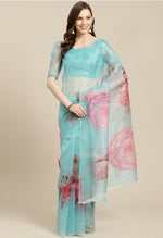 Load image into Gallery viewer, Turquoise Organza Digital Floral Printed Traditional  Saree