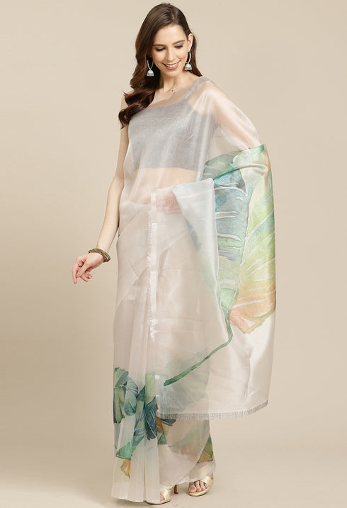 Beige Organza Digital Floral Printed Traditional  Saree