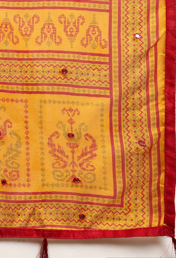 Yellow & Red Jute Silk Embellished Embellished Traditional Saree