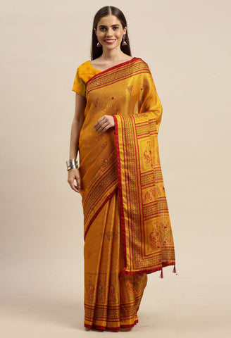 Yellow & Red Jute Silk Embellished Embellished Traditional Saree