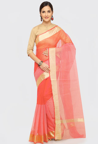 Peach Pure Cotton Zari Border Work Traditional Saree