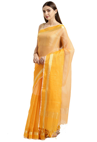 Mustard & Peach kota Doria Cotton Plain Traditional Saree