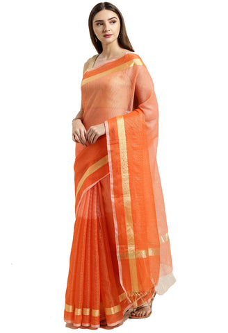 Orange kota Doria Cotton Plain Traditional Saree