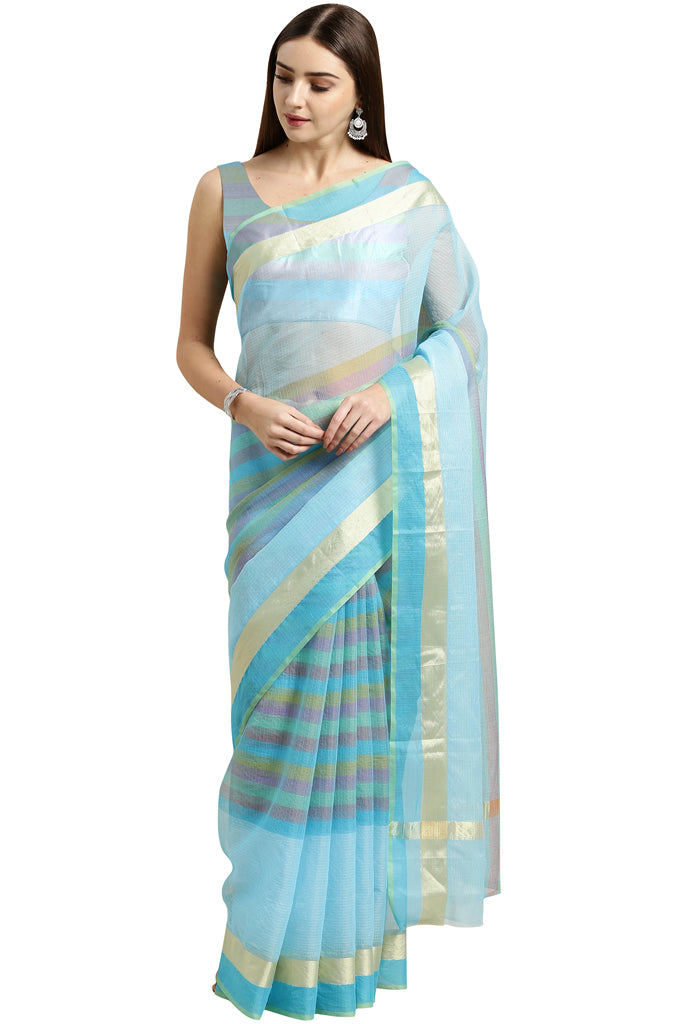 Sky Blue kota Doria Cotton With Multicolored Striped Printed Traditional Saree