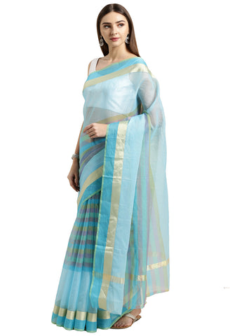 Sky Blue kota Doria Cotton With Multicolored Striped Printed Traditional Saree