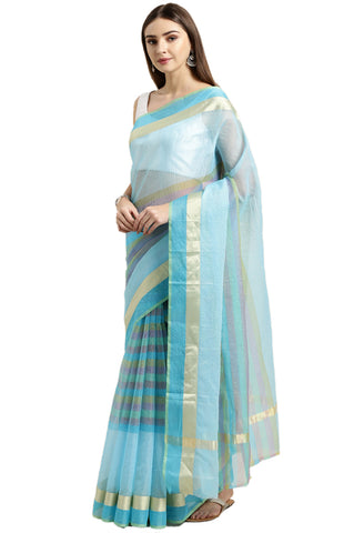 Sky Blue kota Doria Cotton With Multicolored Striped Printed Traditional Saree