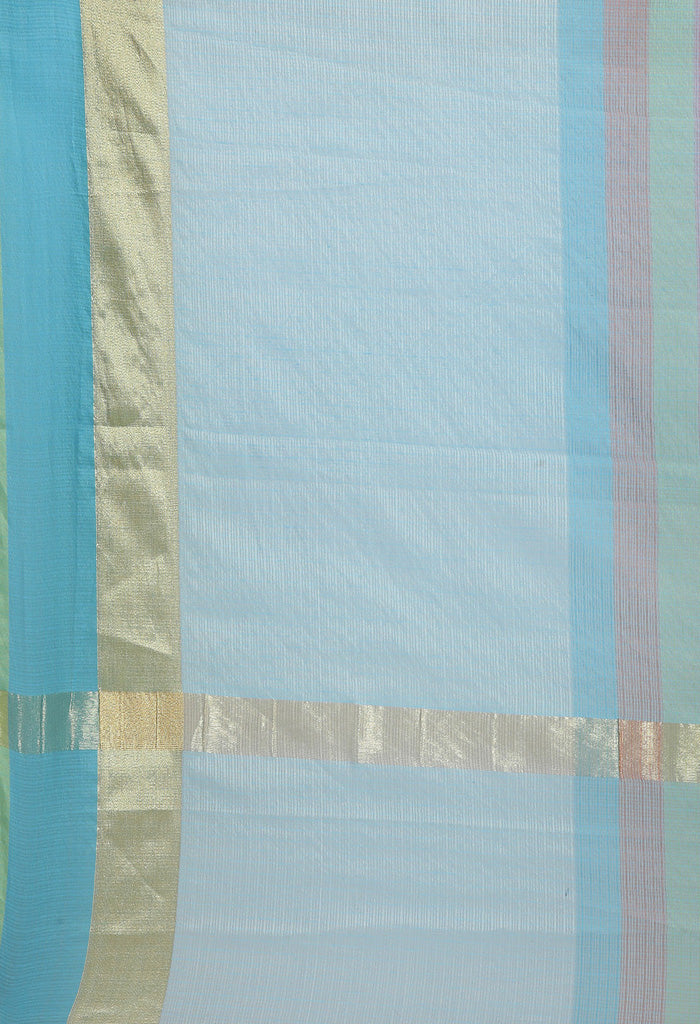 Sky Blue kota Doria Cotton With Multicolored Striped Printed Traditional Saree