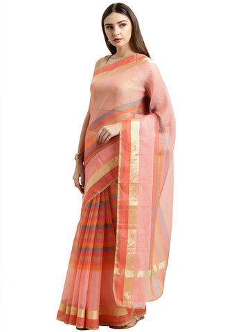 Light Pink kota Doria Cotton With Multicolored Striped Printed Traditional Saree