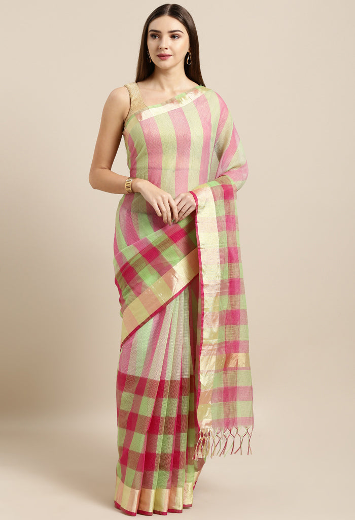 Pink & Green kota Doria Cotton Printed Traditional Saree