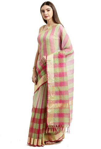 Pink & Green kota Doria Cotton Printed Traditional Saree