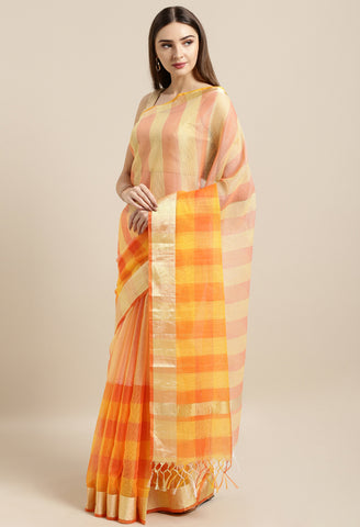 Orange & Yellow kota Doria Cotton Printed Traditional Saree