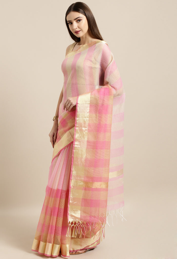 Pink & Beige kota Doria Cotton Printed Traditional Saree