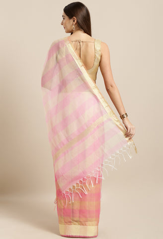 Pink & Beige kota Doria Cotton Printed Traditional Saree