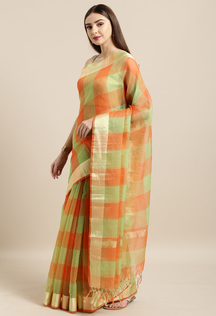 Orange & Green kota Doria Cotton Printed Traditional Saree
