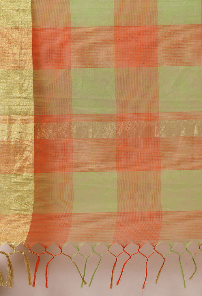 Orange & Green kota Doria Cotton Printed Traditional Saree