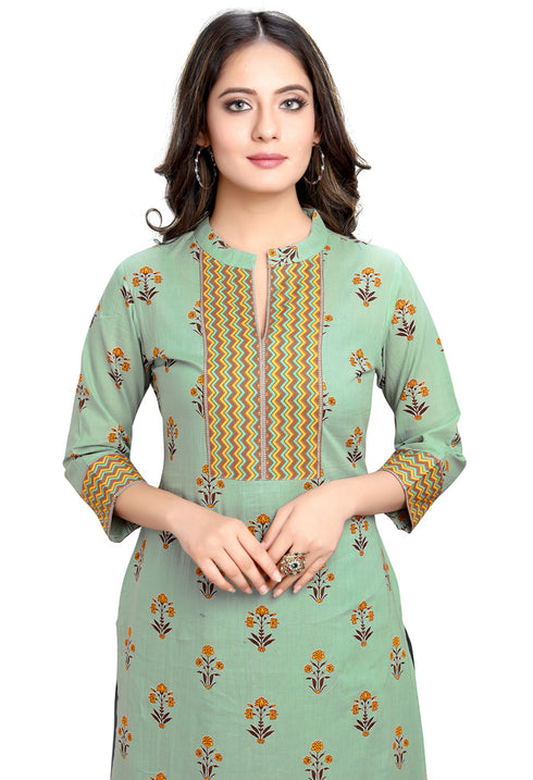 Sage Green Pure Cotton Jaipuri Printed Kurti