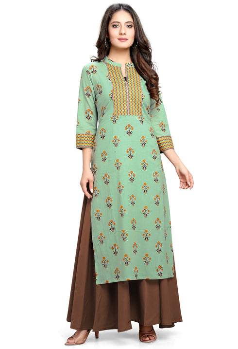 Sage Green Pure Cotton Jaipuri Printed Kurti